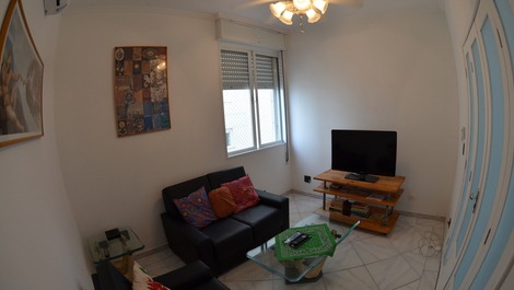 Sala de TV com TV de tela plana de 42", TV a cabo com 77 canais e DVD player