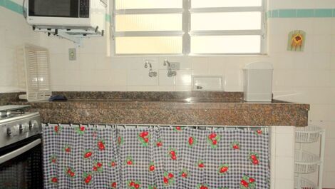 Pia de granito, cuba de inox. Forno de micro-ondas. Panelas sob a pia. 