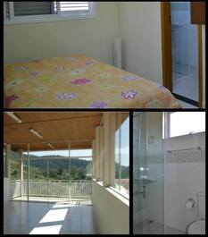 Suite com ventilador e acesso ao mirante com vista para represa