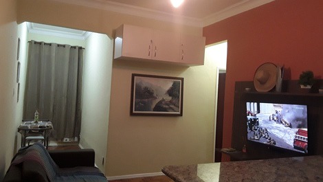 Sala com tv, sofa-cama, ventilador de teto e ar condicionado