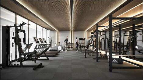 Academia - halteres, leg press, extensora, flexora, esteiras, elíptico, cross over smith com barra g